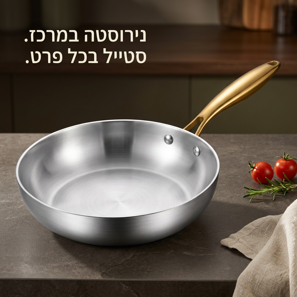 מחבת נירוסטה עמוקה 30 ס״מ עם ידית זהב