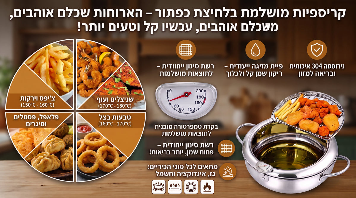 סיר טיגון מנירוסטה לגז עם מדחום ורשת ניקוז