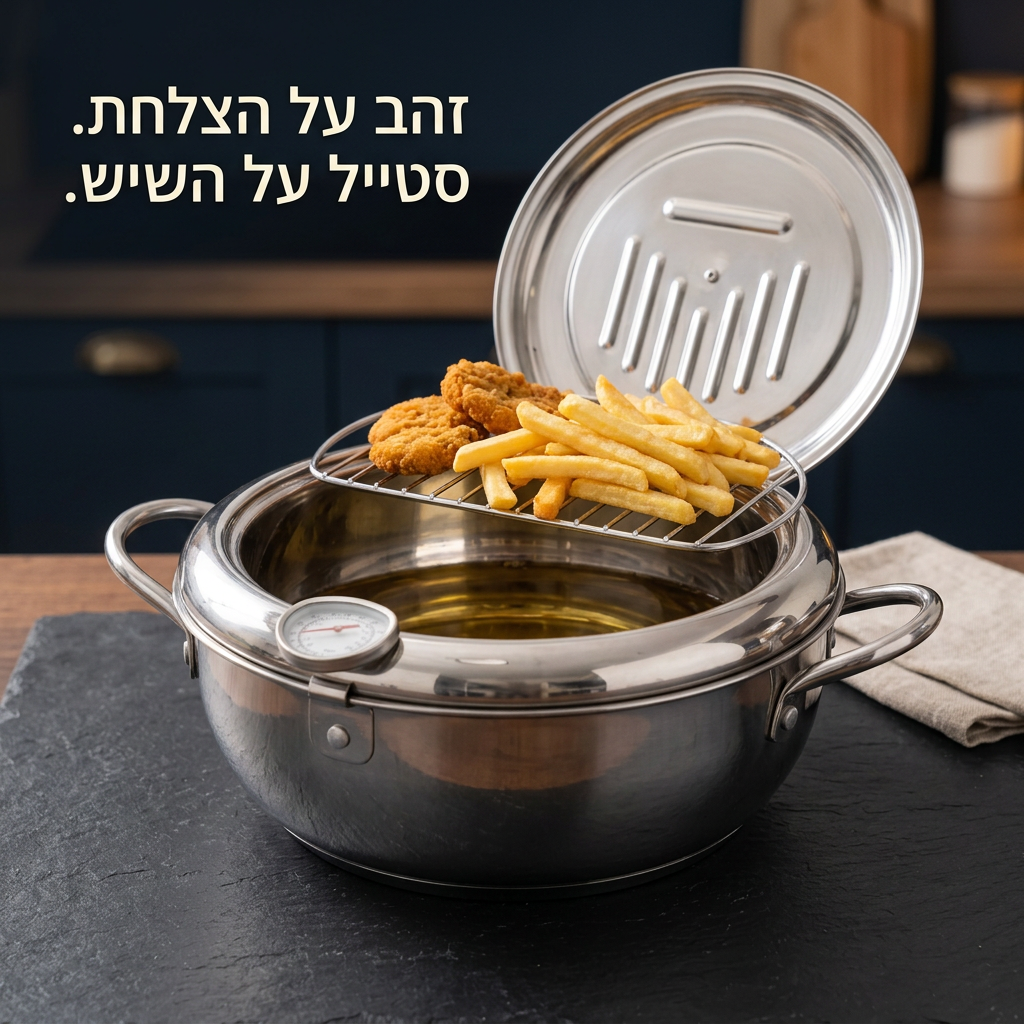 סיר טיגון מנירוסטה לגז עם מדחום ורשת ניקוז
