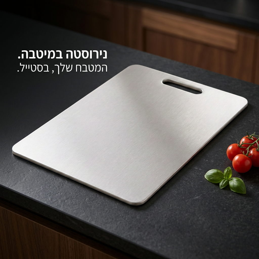 קרש חיתוך מנירוסטה על רקע כהה עם עגבניות ובזיליקום